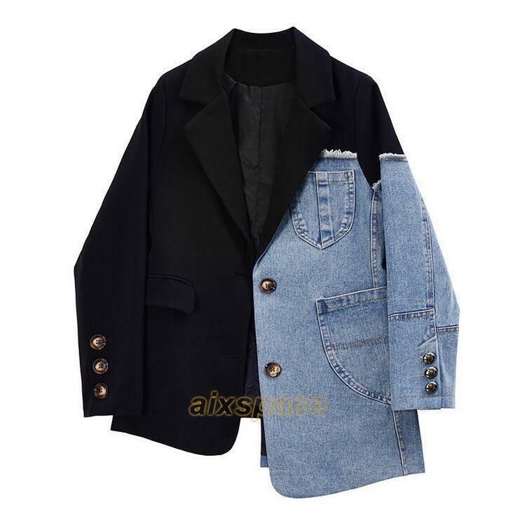 Fashion Style Suit Jacket Denim Stitching Loose Button Lapel Suit Jackets