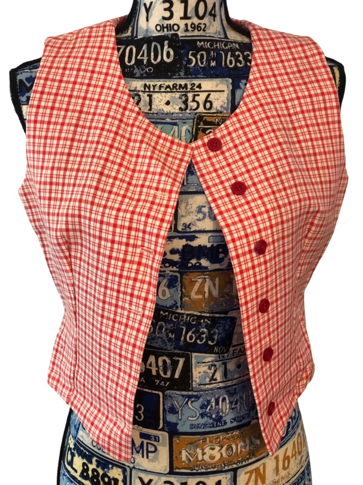 Vintage Style Handmade Tapered Darted Red White Striped Plaid Vest MEASUREMENTS