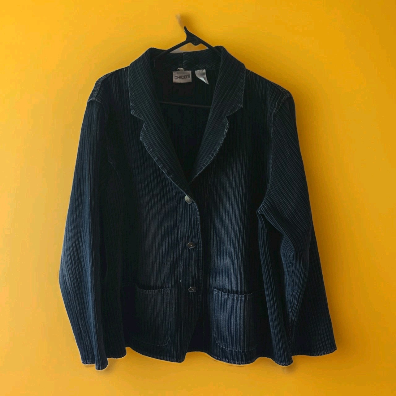Chicos Textured Pleated Blazer Jacket Dark Blue Denim Style Women Size 3 16/18