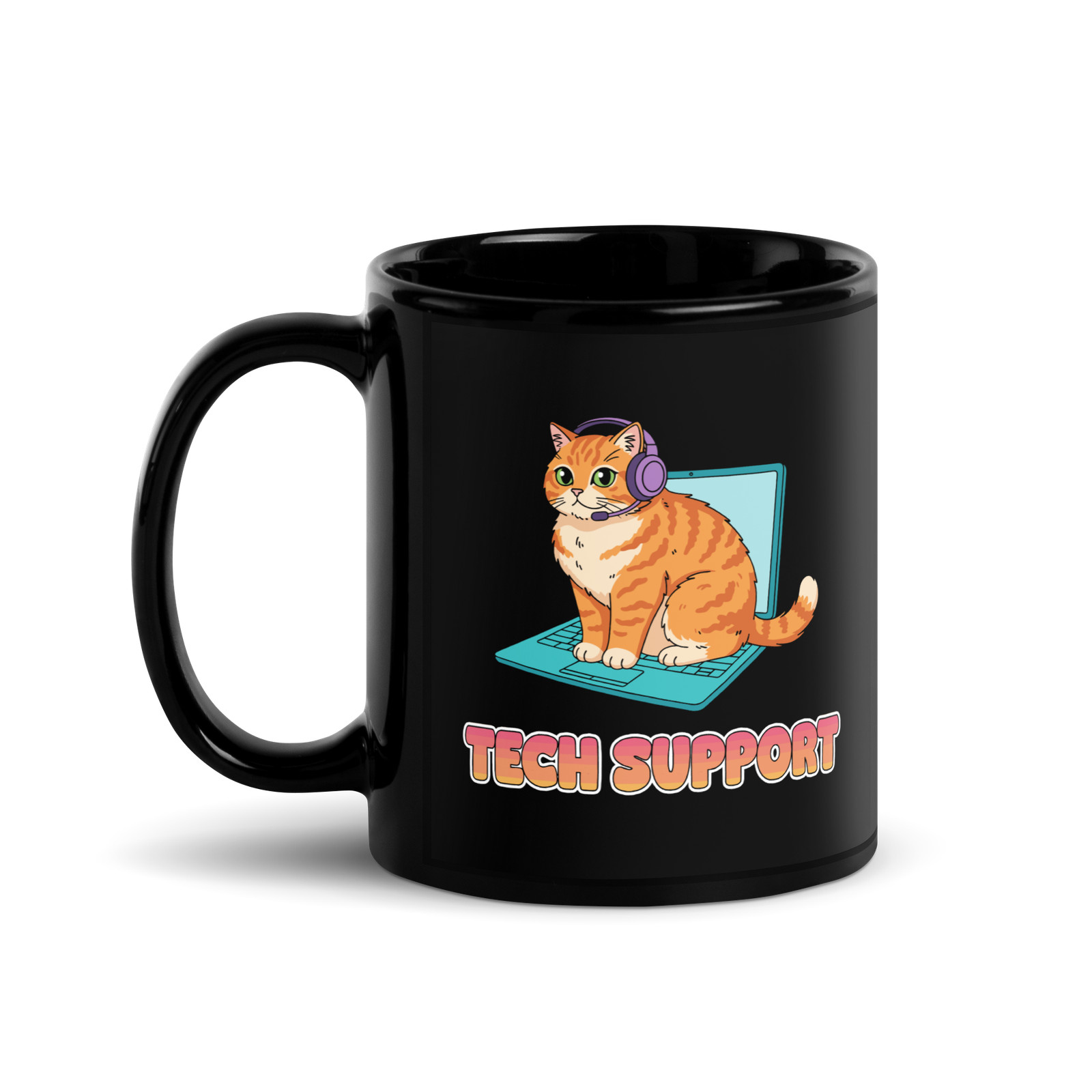 Tech Support Cat Mug 11oz Black Glossy Cup IT Computer Help Desk Funny Work Gift