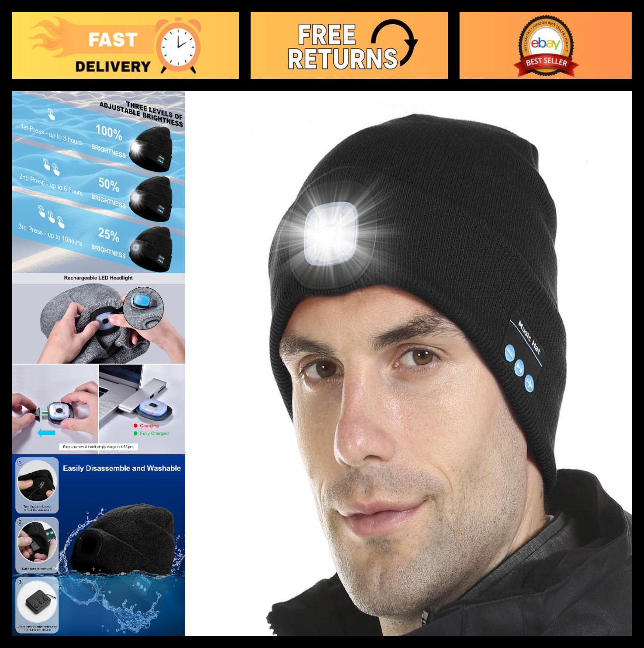 Bluetooth Beanie Hat with LED Light, Unisex Wireless Headphones & Mic, Tech Gift