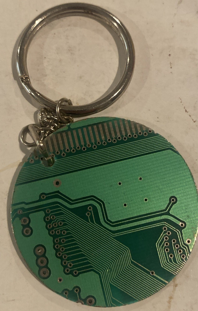 Circuit Board Keychain Tech Gift  Genuine Silver Dark Green Round 