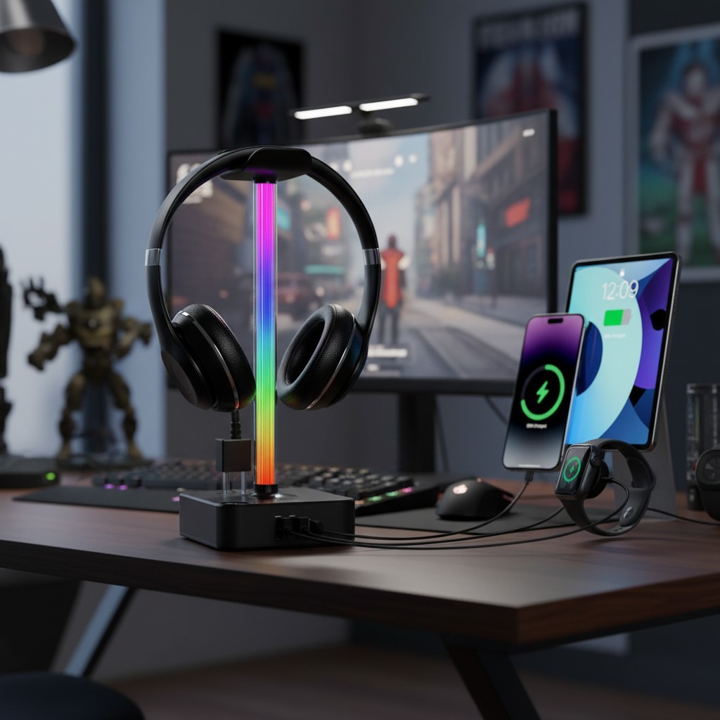 LED Headphone Stand with 3 USB Ports and 2 AC Outlets for Gaming Accessories