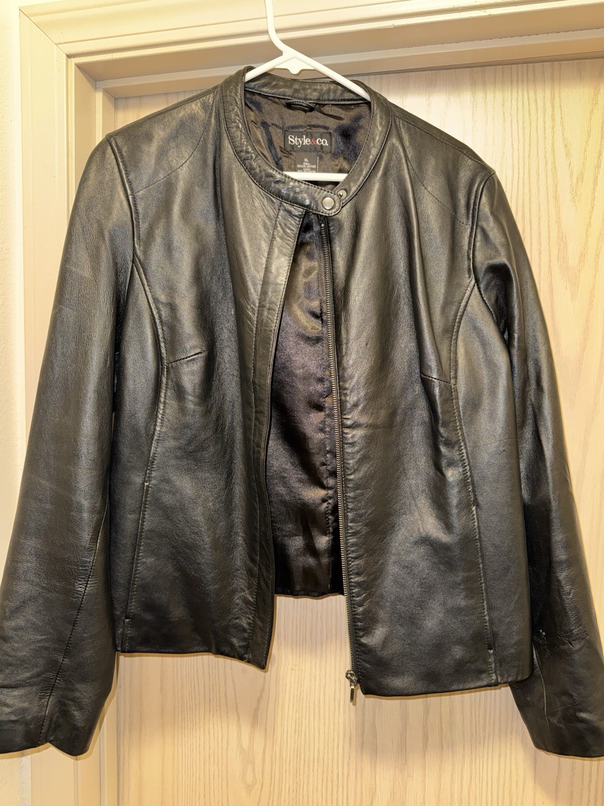 Style&co. Women's Black Leather Full Zip Lined Pocket Jacket Size M Short