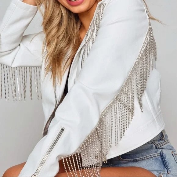 Rhinestrone Fringe White Western-Style Jacket, Womens