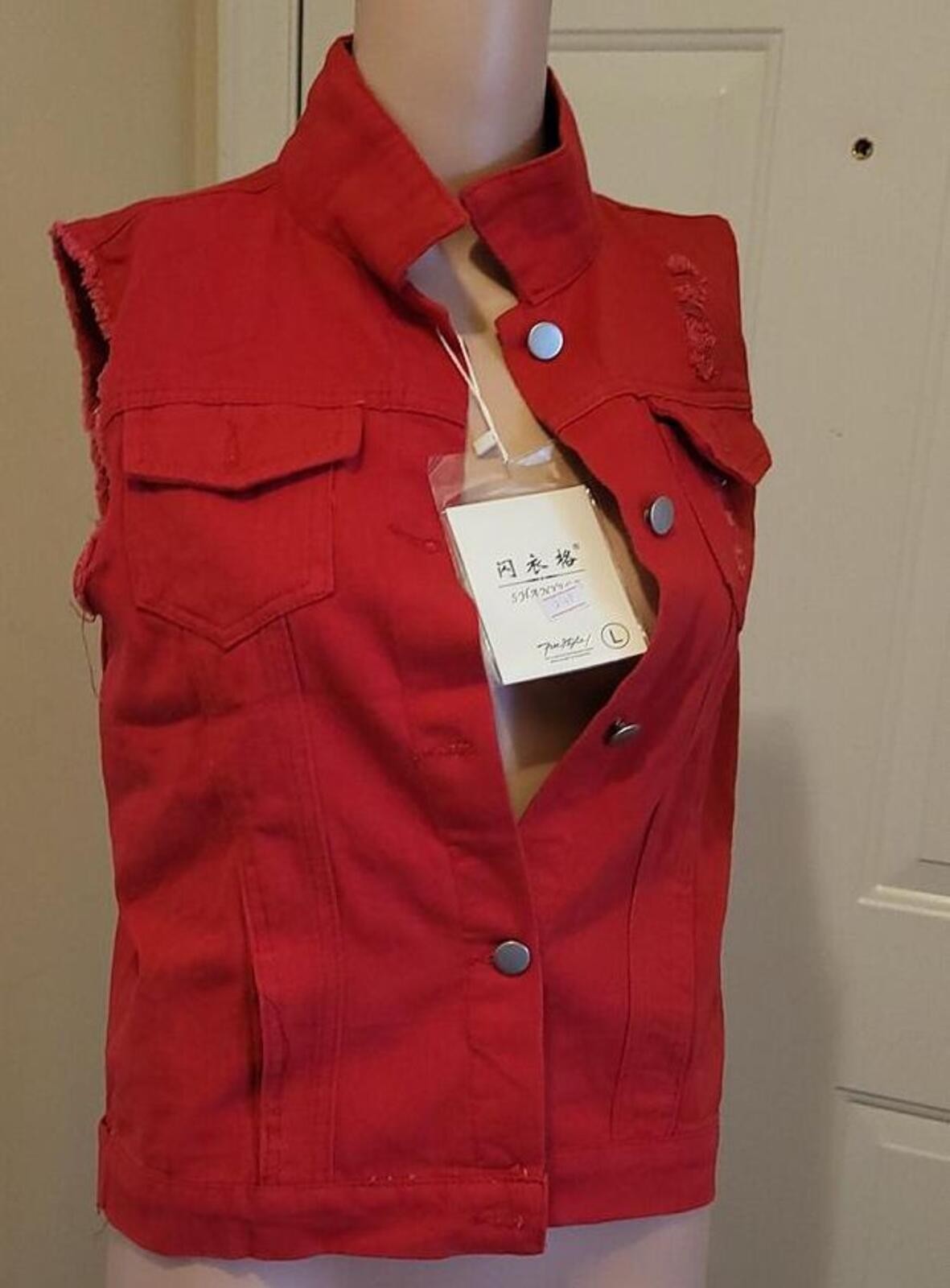 Shanvice Free Style Women's Red Denim Sleeveless Vest Jacket Jeans Top Size L