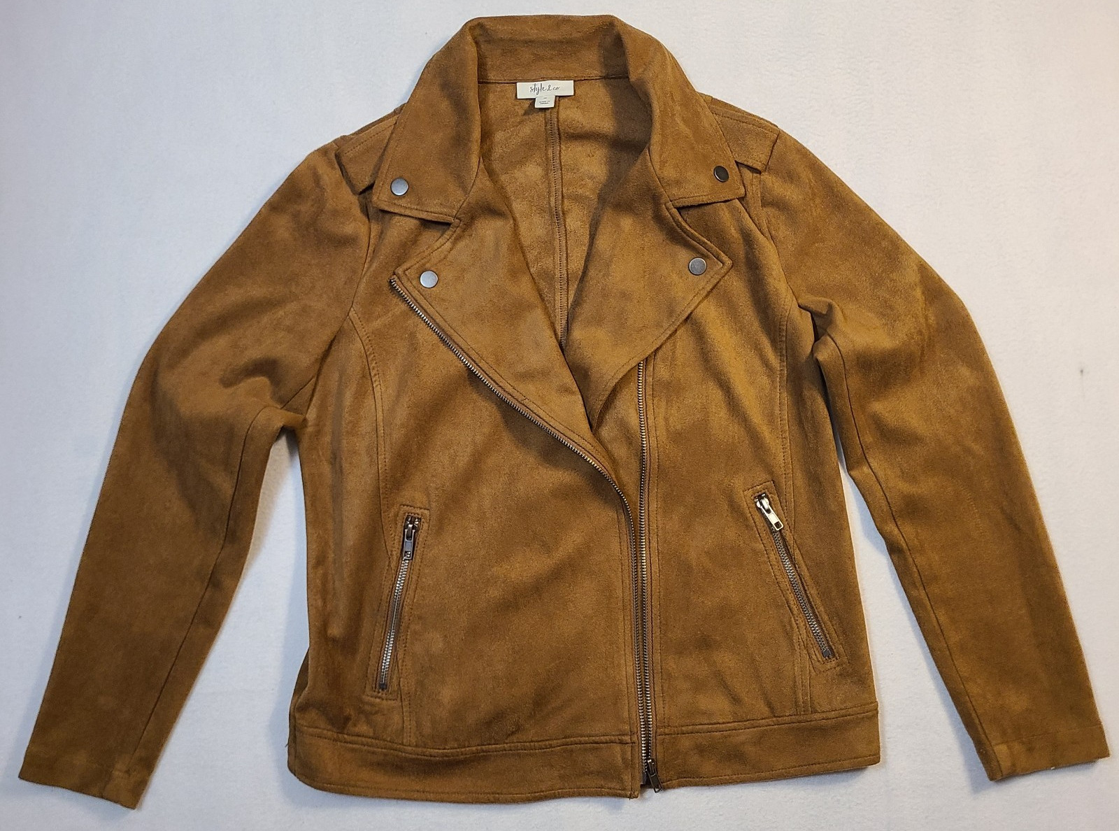 Style & Co Faux Suede Moto Jacket Womens Medium Brown Zip Biker Casual