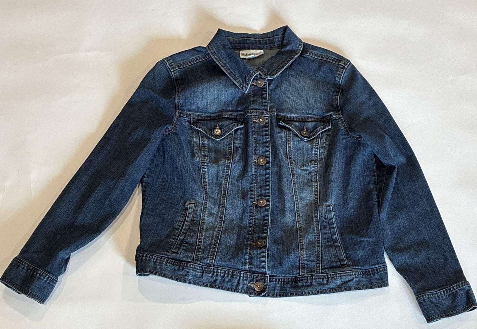 Style & Co. Women's XL Blue Denim Jacket Button Front Collared Pockets Long