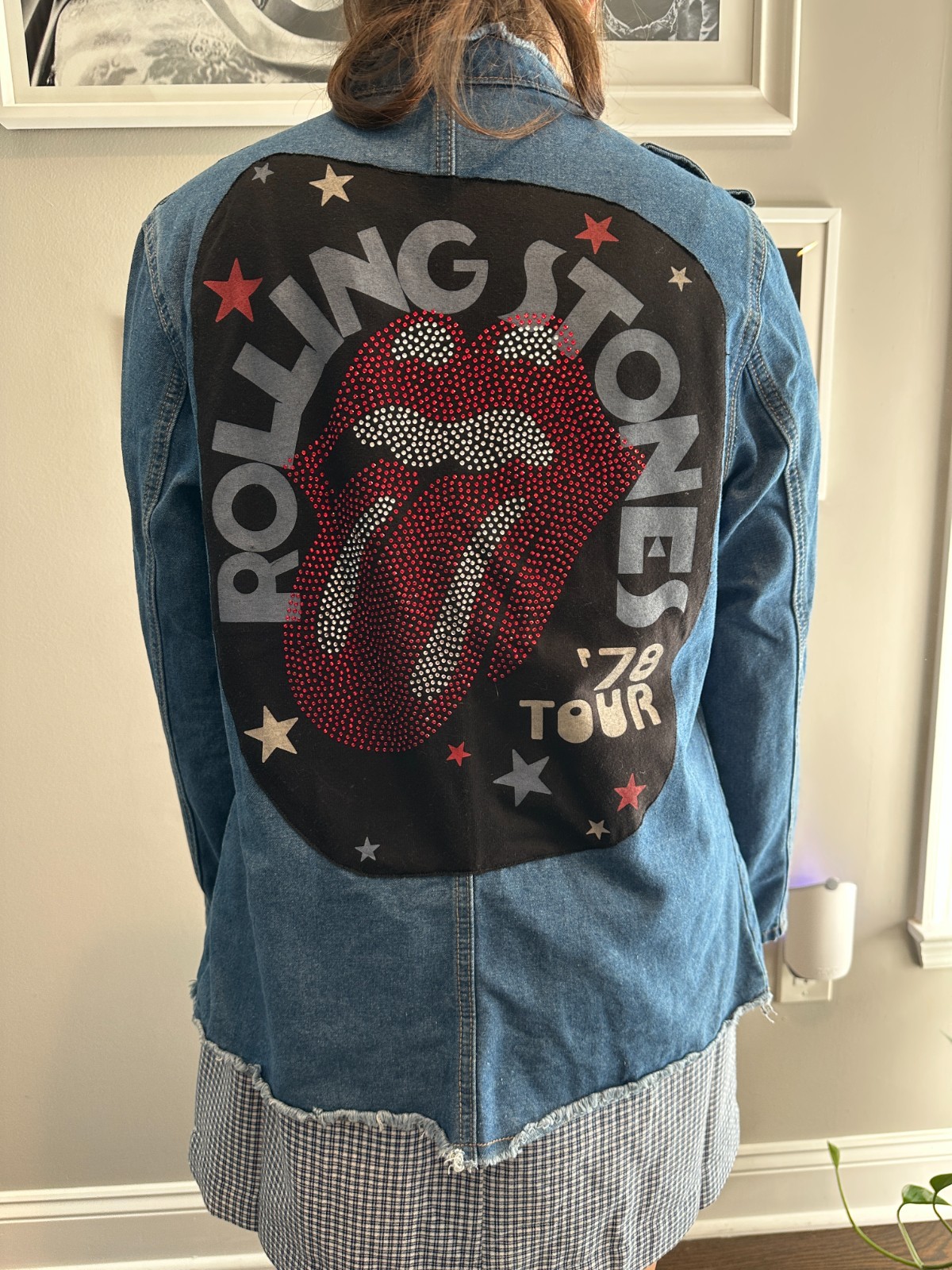 Rolling Stones Band Tee Rhinestone Studded Military Style Jean Jacket(M)
