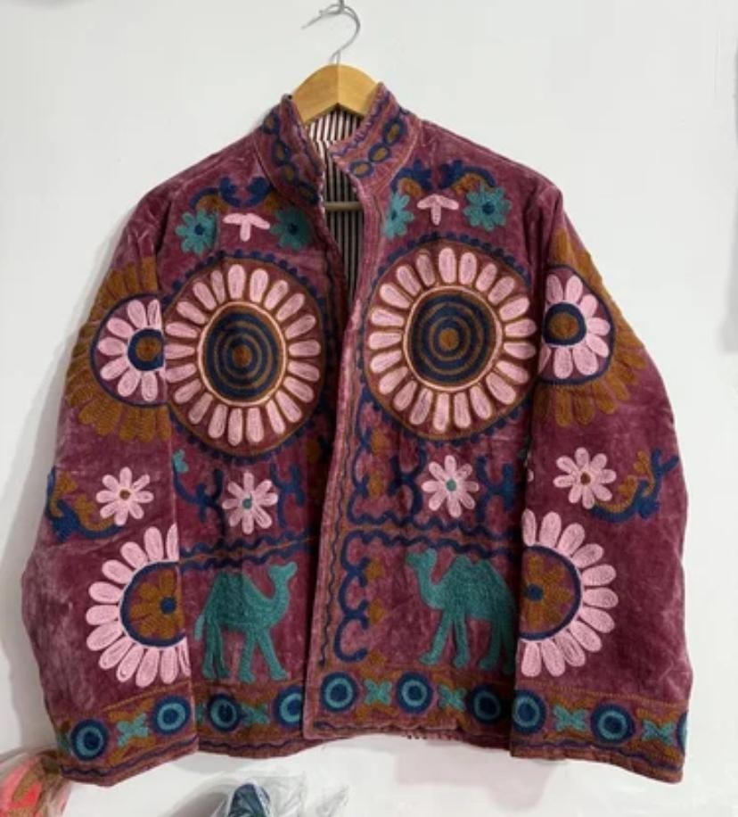 Wine Floral Camel Coat Unique Gift For Her Artisan Crafted Bohemian Style Gift
