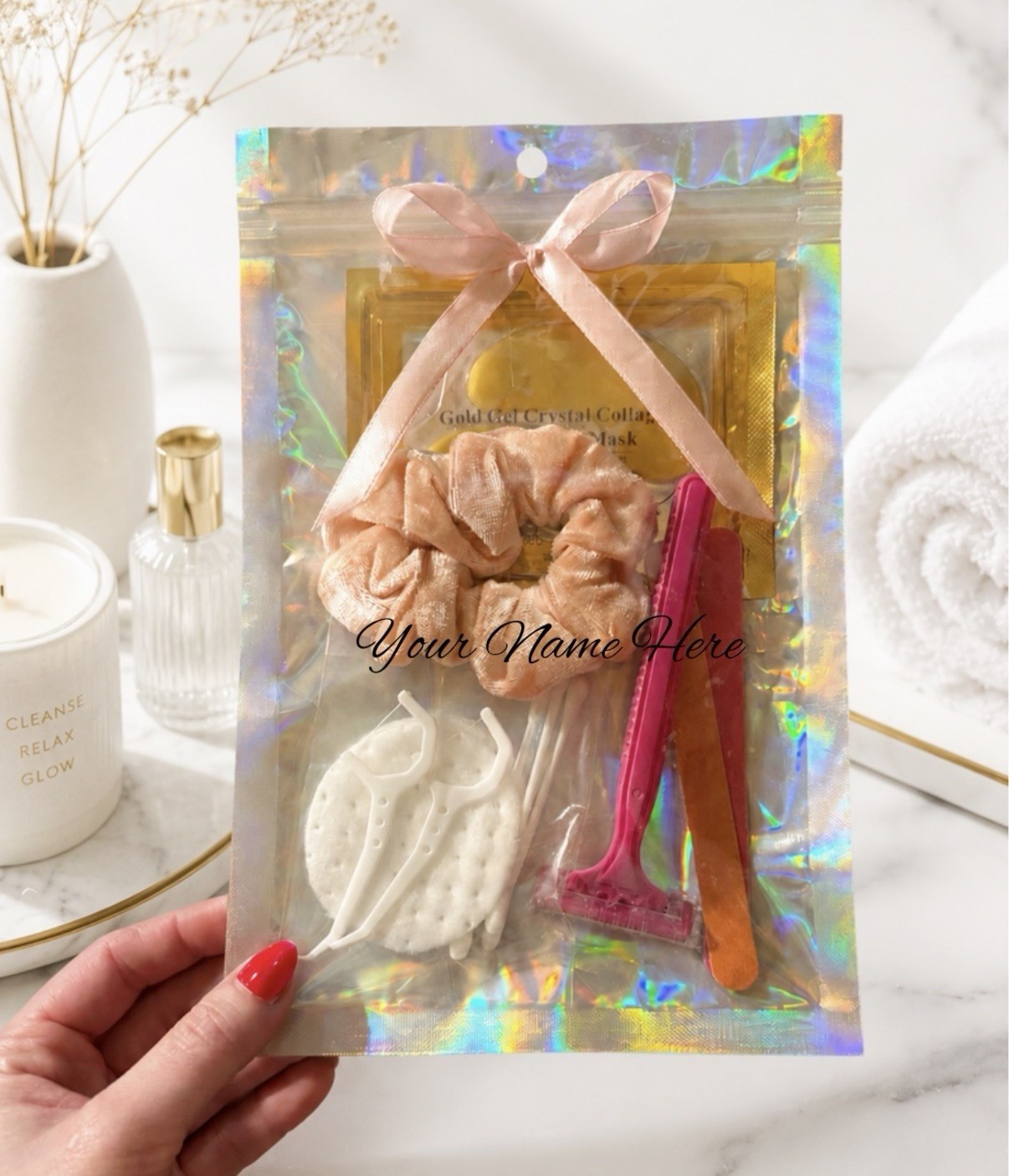 Personalized Name Spa Gift Set Holographic Bag Satin Bow Scrunchies Bridal Set