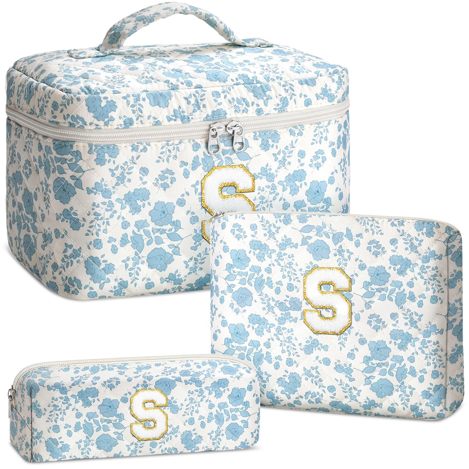 Yestar 3PCS Personalized Initial Makeup Bag for Women, Birthday Gifts White