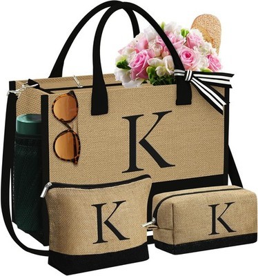 YOOLIFE Gifts for Women - Initial Jute Tote Bag & 2 Makeup Bags Personalized Gif