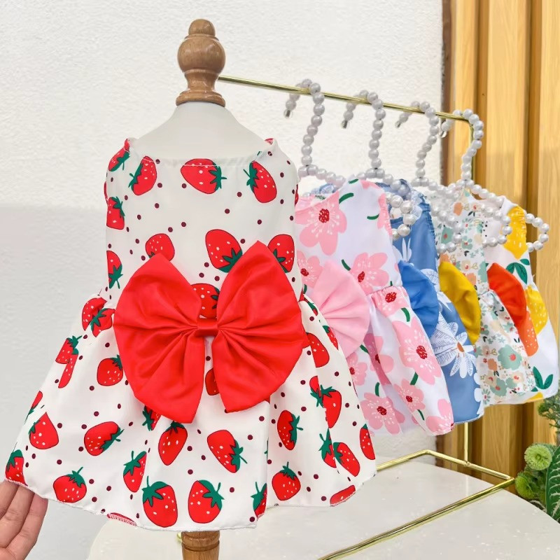 Dog Princess Dress Summer Kitten Pet Skirt Cute Printed Bow Lace Dog Dresses for
