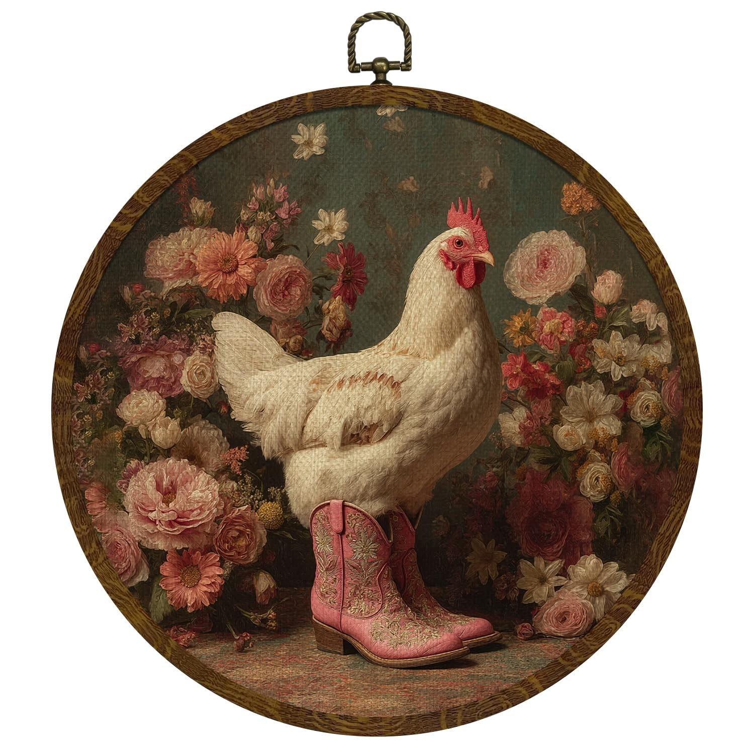Whimsical Chicken Round Wall Art,Retro Floral Canvas Hanging Decor with Pink ...