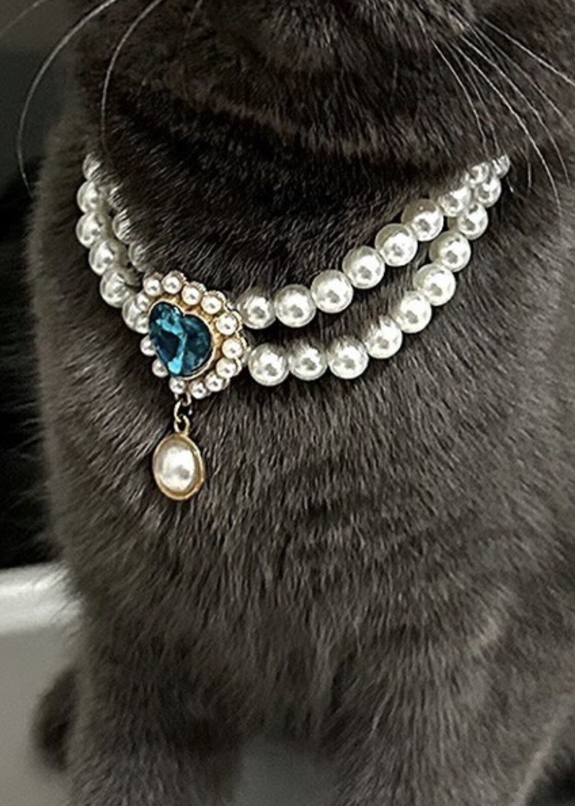 Cute Pet Dog Cat Pearl Collar Blue Heart Pendant Jewelry Dogs Necklace Size S