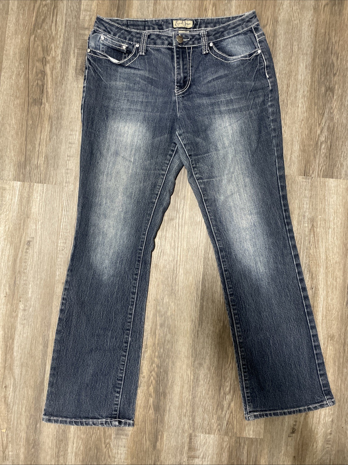 Earl Jean Women's 10 Bootcut Jeans Embellished Flap Pockets White Stitch Stretch
