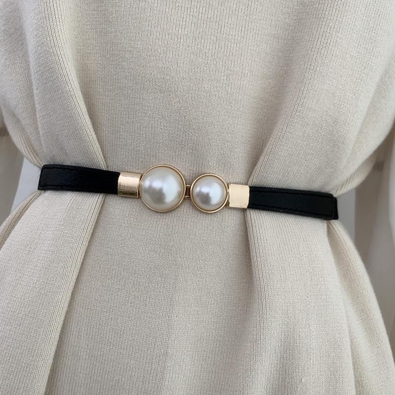 Elegant Double Pearl Buckle Elastic Women Belt Thin Strap Dress Waist Decor Set