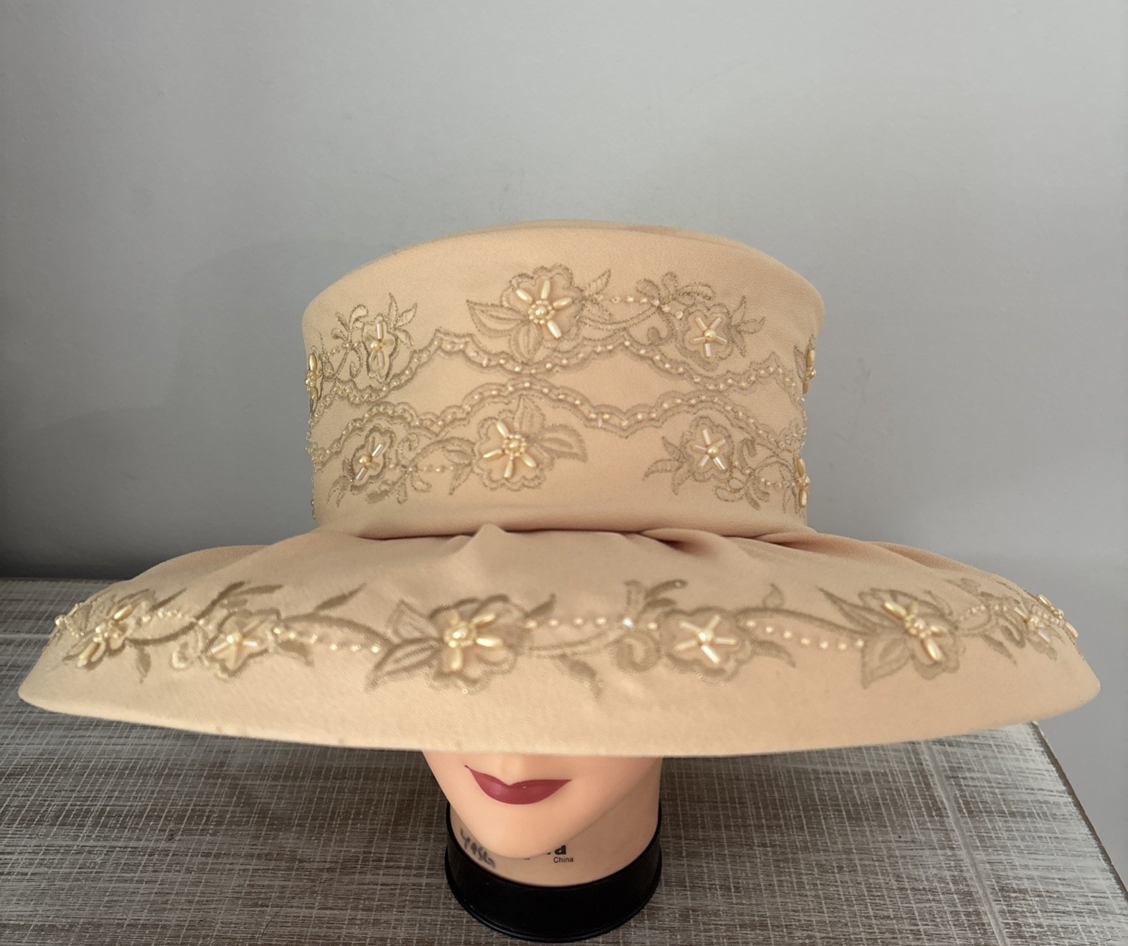 VTG Elegant Derby Dress Carissimo Hat Floral Embroidery Seed Pearls Rose Bow
