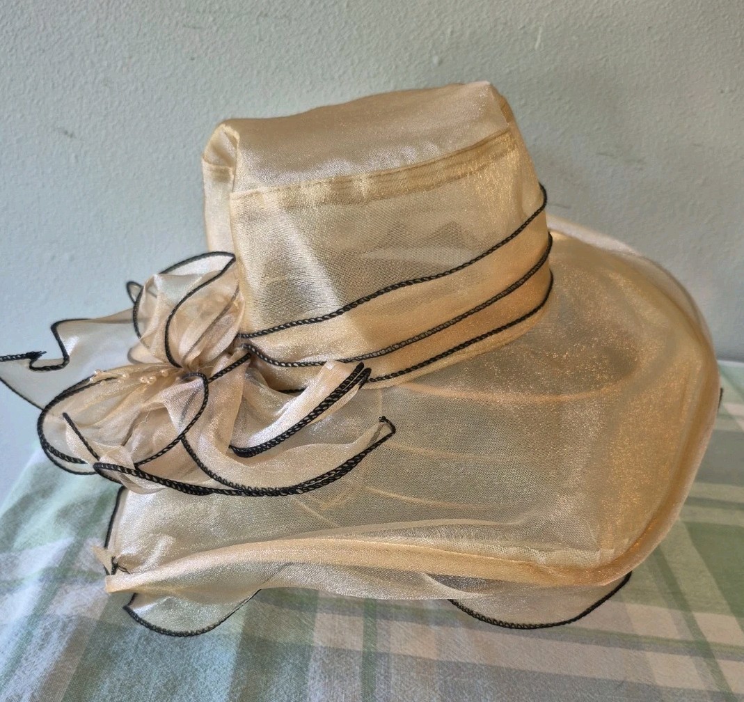 Women's Champagne Wide Brim Church Hat Kentucky Derby Elegant Dress Hat Bow 