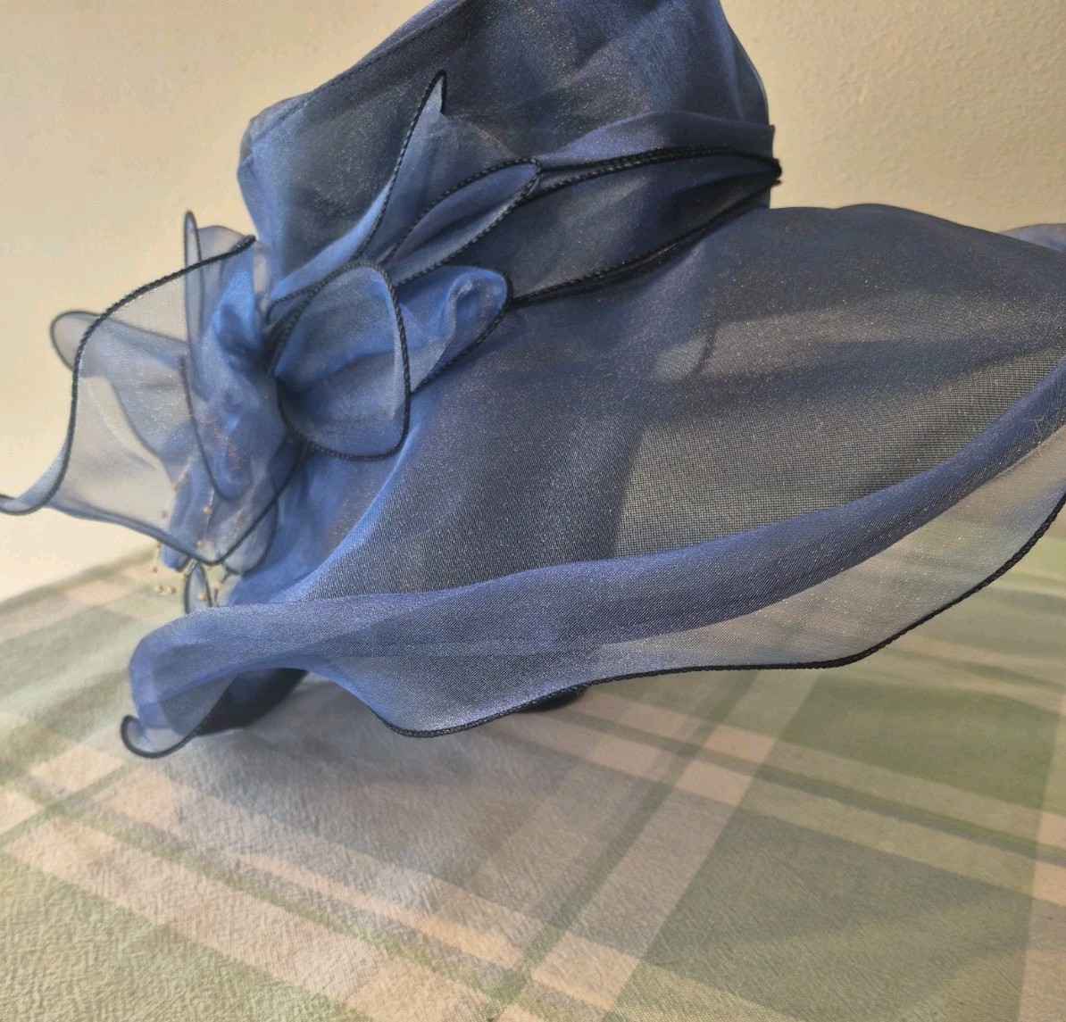 Women's Blue Wide Brim Church Hat Kentucky Derby Elegant Dress Hat Bow 