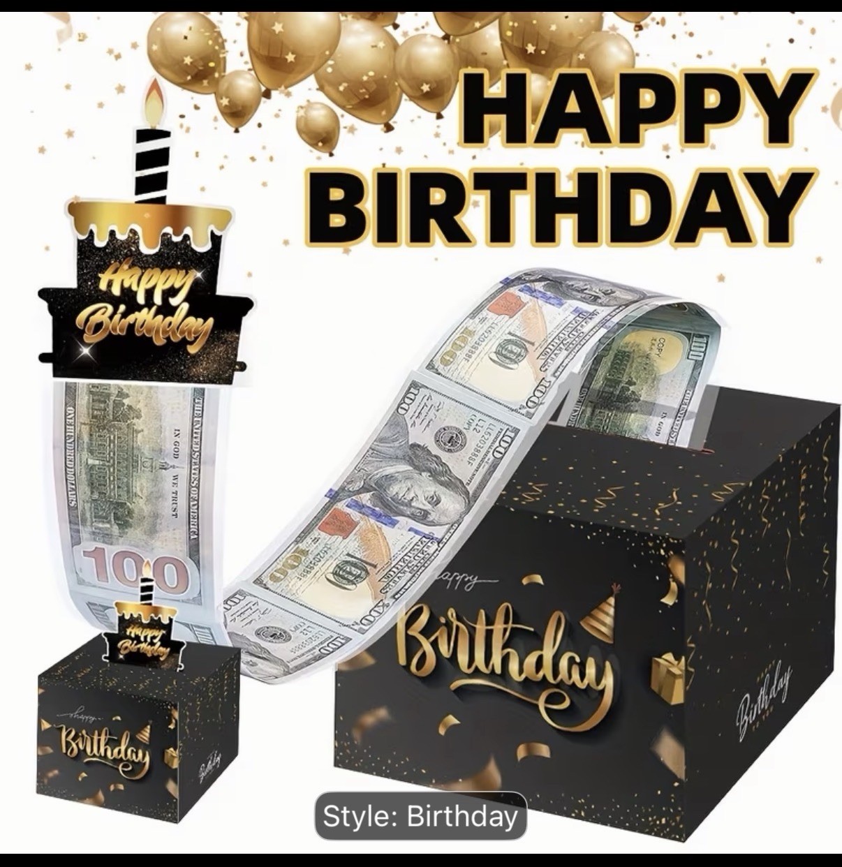 DIY Birthday Money Pull Box, Blk/Gld Confetti, Easy Fun Unique Gift For Him/Her