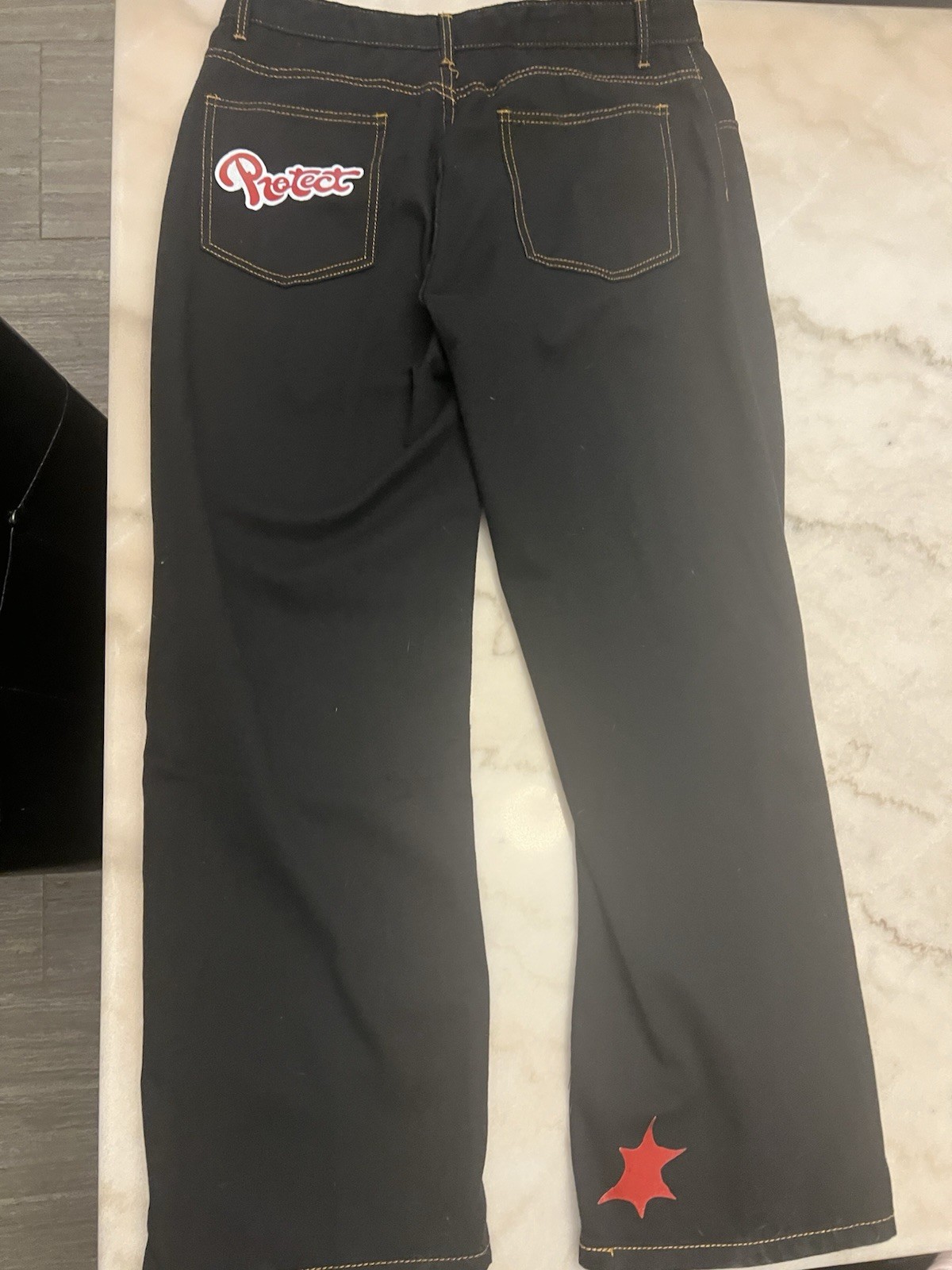Protect Black Wide Leg Graphic Pants Size L Streetwear Y2K Contrast Stitch