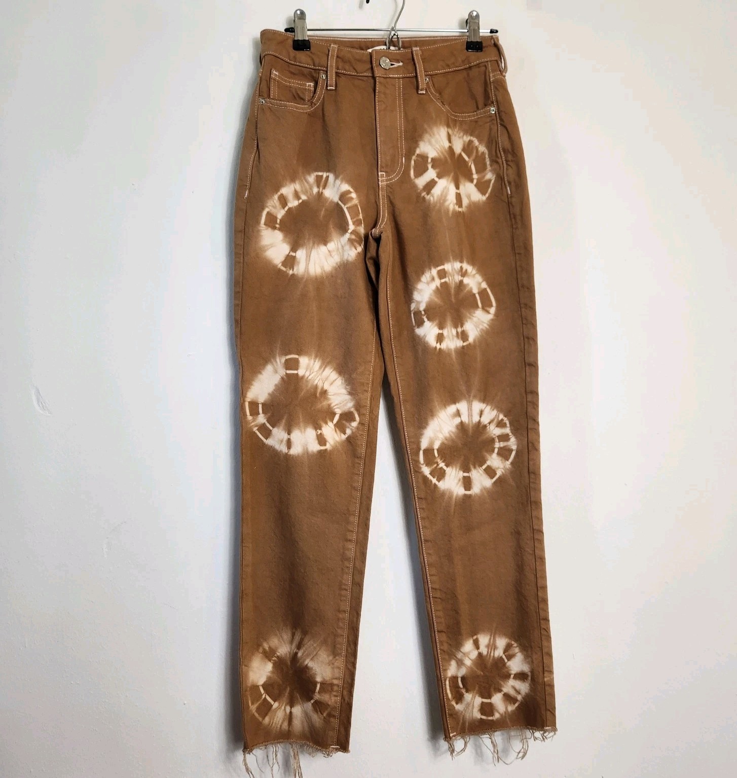 PacSun Mom Jeans Size 24 Waist Brown Tie Dye Raw Hem High Rise Boho Hippie Y2K