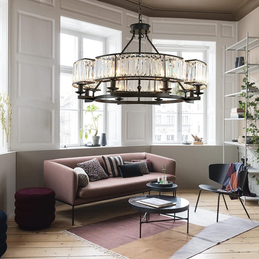 30.7'' K9 Crystal Chandelier Black Luxury Ceiling Lamp 8-Lights Pendant Fixtures