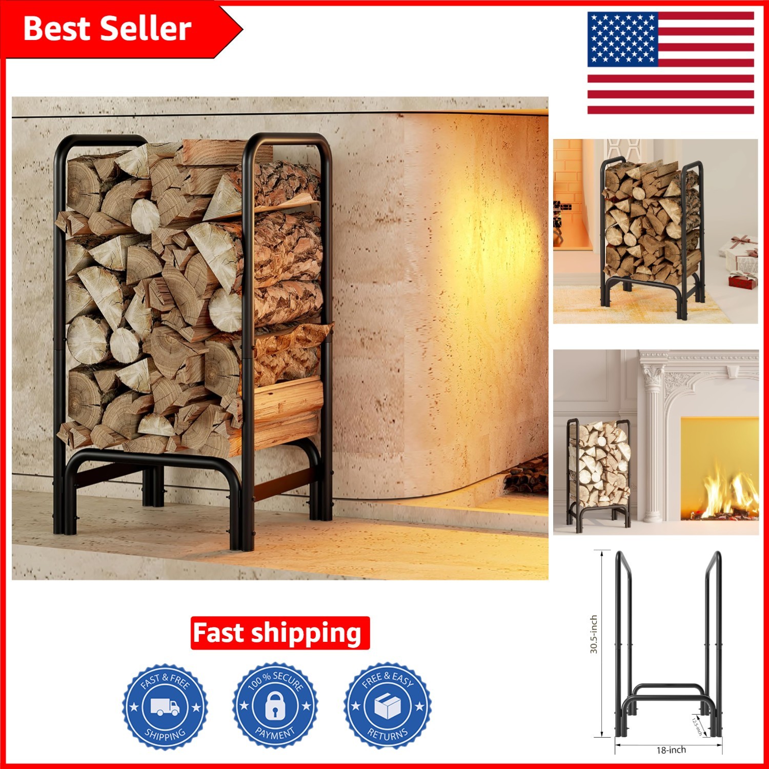 Firewood Rack Log Holder for Indoor Outdoor Fireplace Black Detachable Firewo...