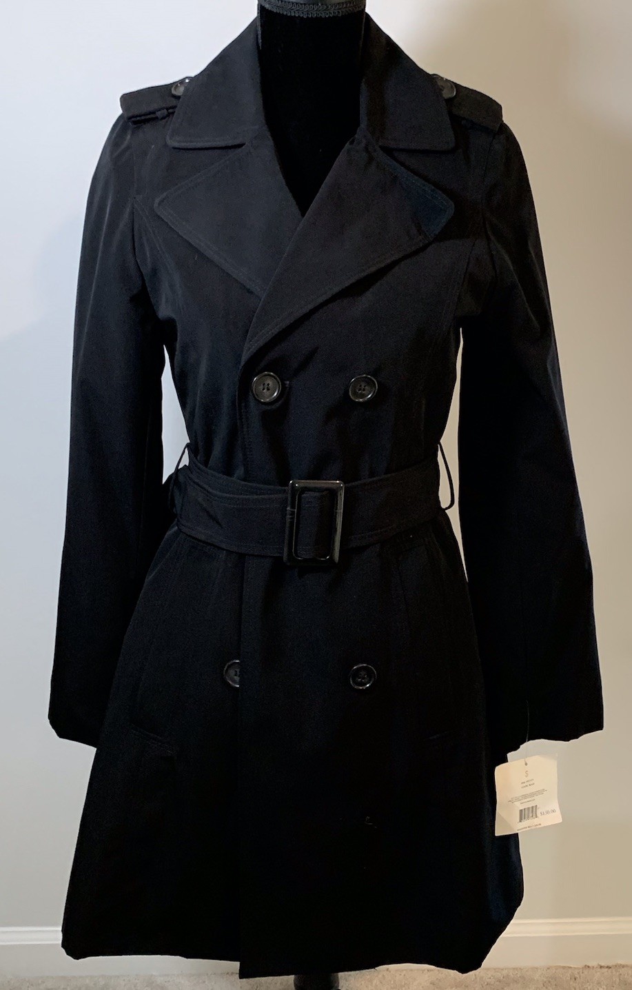 Liz Claiborne NWT NewYork Double Breasted Black Trench Coat SMALL Belted Stylish