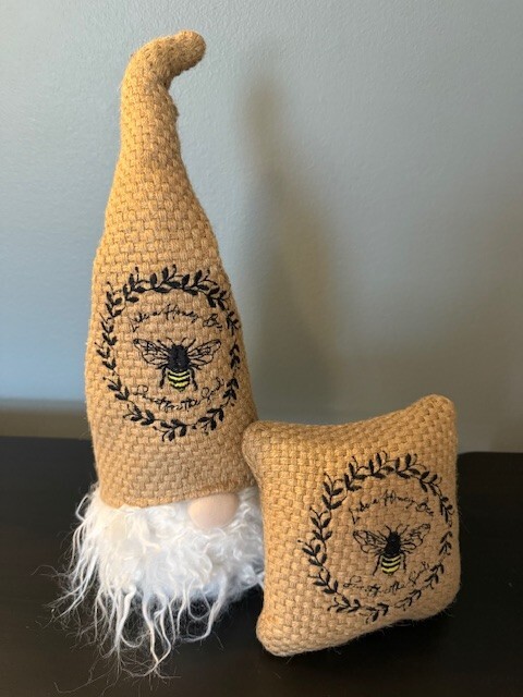 Spring/Summer Decor-Adorable Burlap Gnome and Mini Pillow with Bee