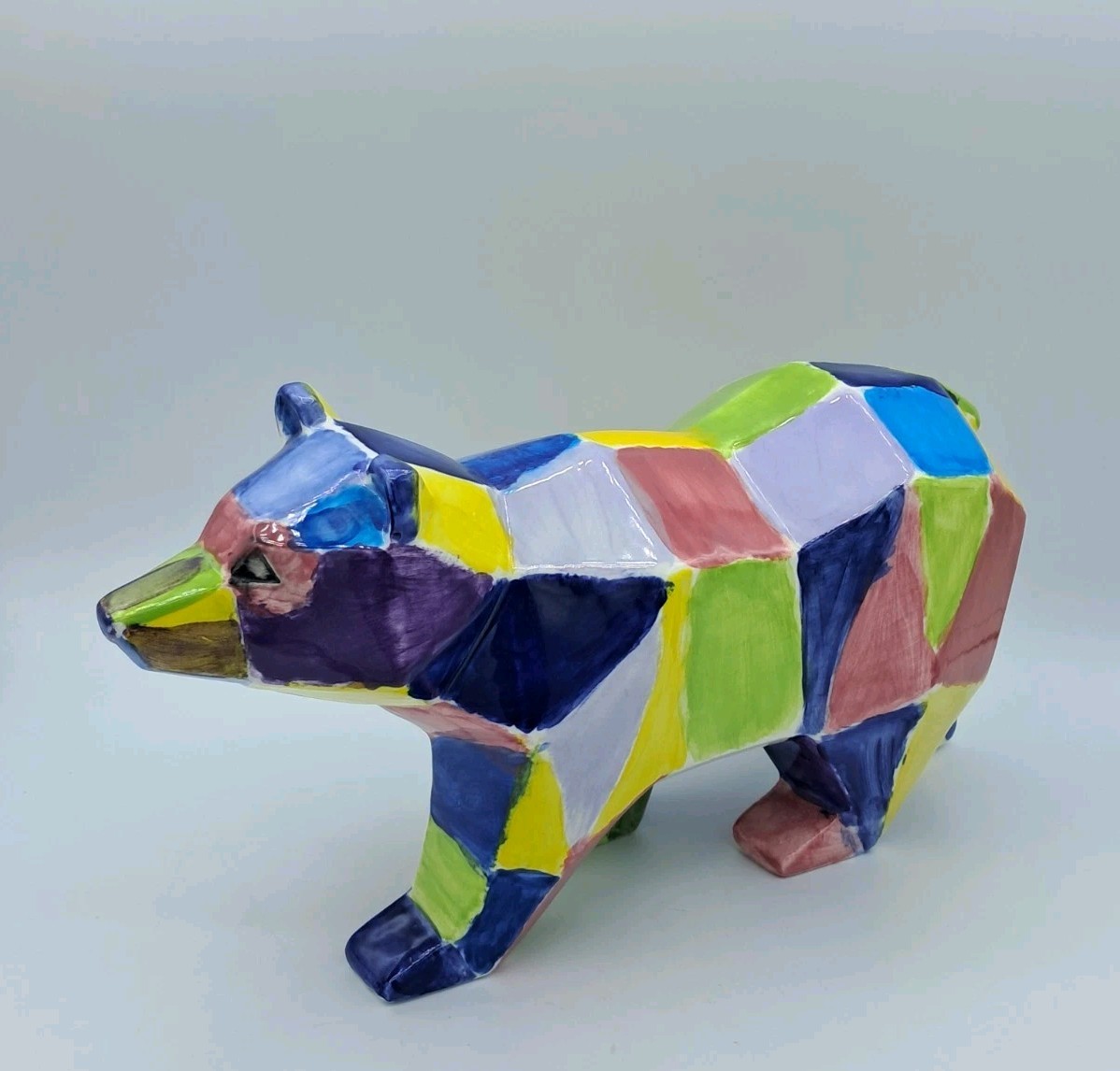 Colorful Ceramic geometric Bear House Home Decor 10×5.5" Blue Green Hand Painted