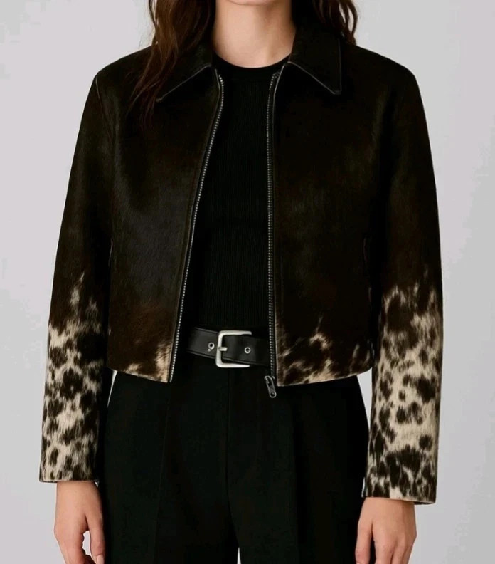 Women’s Brown Leather Jacket Cowhide Print Cropped Zip Up Stylish Coat