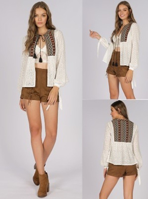 Women's Eyelet Jacket with Bohemian Embroidery by CATCH STITCH