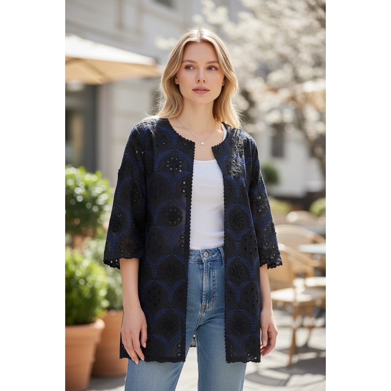 RUNGOLEE BOHO EMBROIDERED KIMONO DUSTER JACKET M BLUE BLACK LONG LAGENLOOK ARTSY