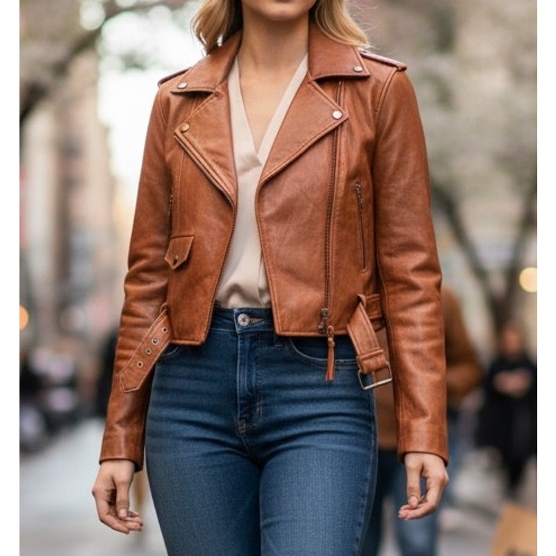 CLEOBELLA LEATHER JACKET S BROWN BELTED CROPPED QUIET LUXURY EDGY SOFT FEMININE