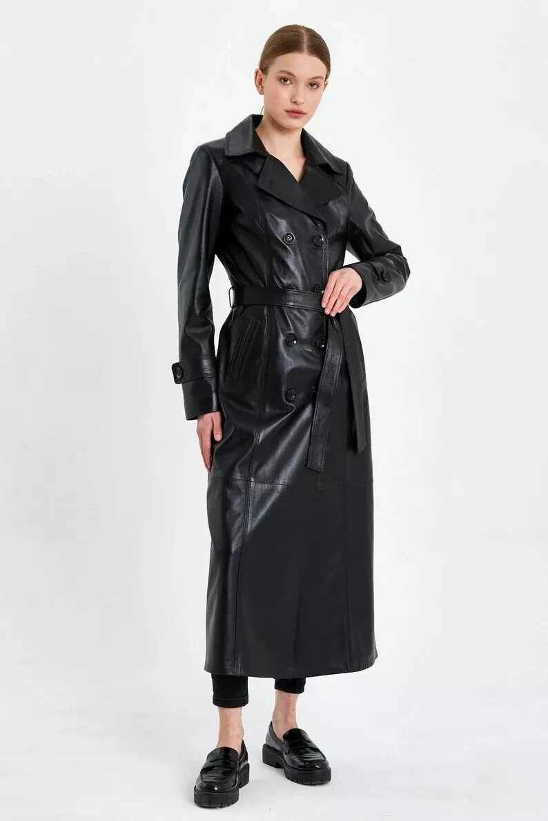 Women's Pure Black Leather Long Over Coat Lambskin Double Breasted Stylish Coat