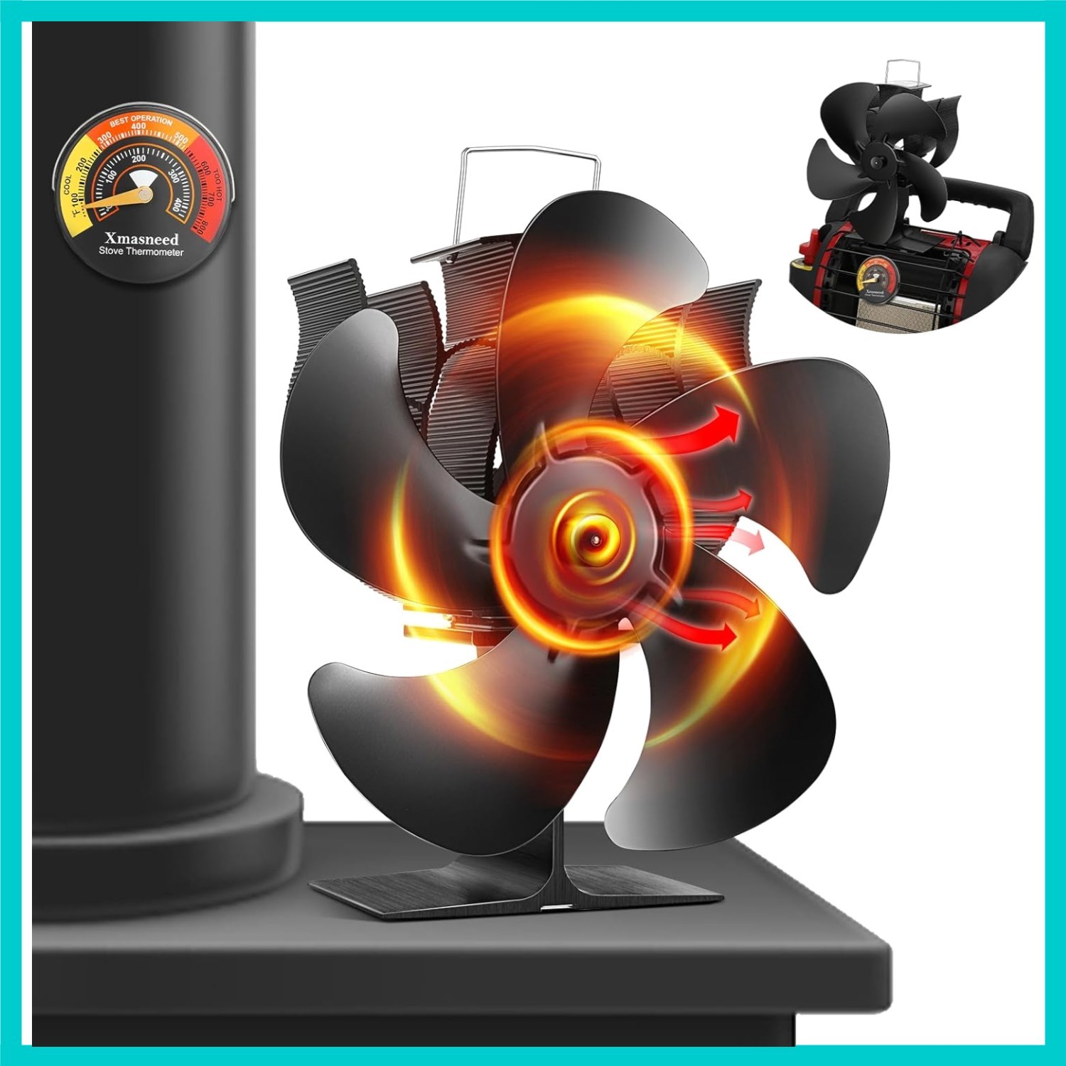 Efficient Heat Powered Fireplace Fan, 5-Blade Design with Thermometer - Black