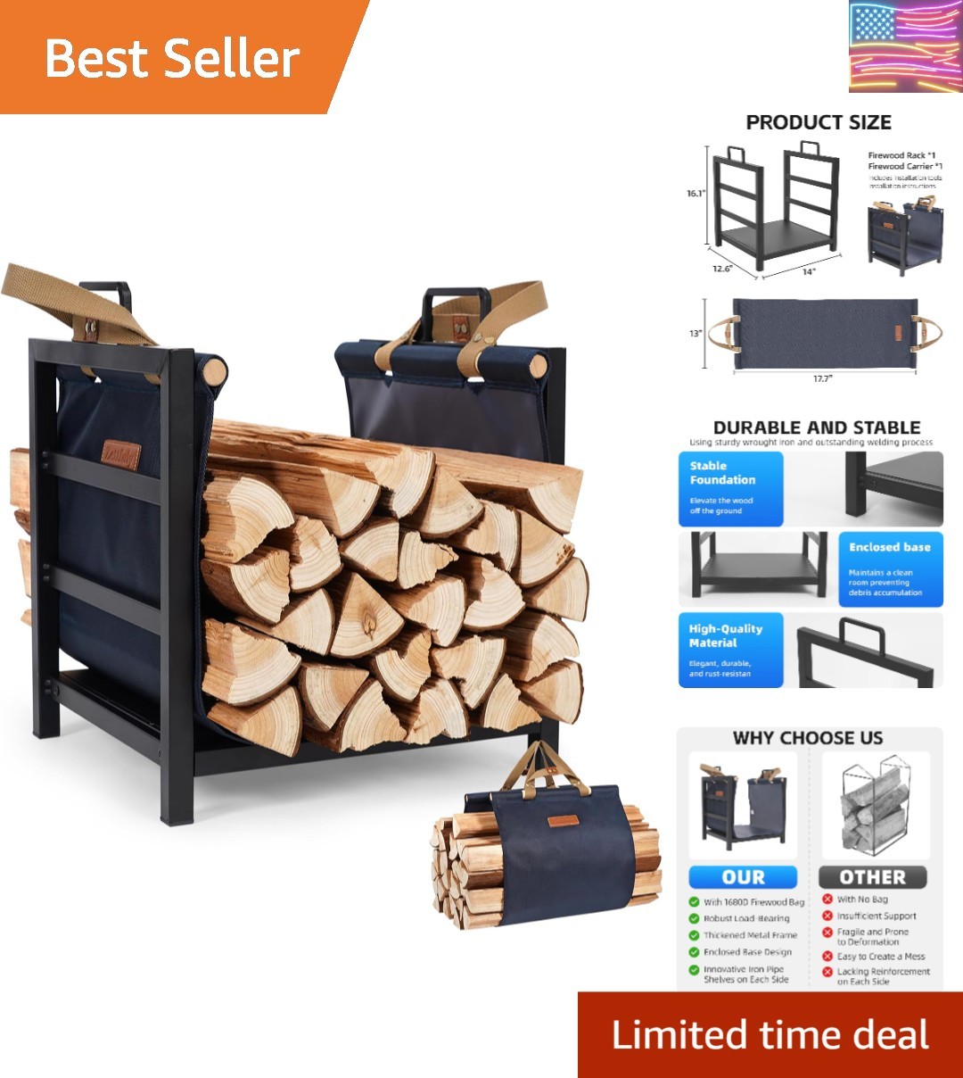 Firewood Rack Indoor Outdoor with Firewood Carrier, Fireplace Wood Log Holder...