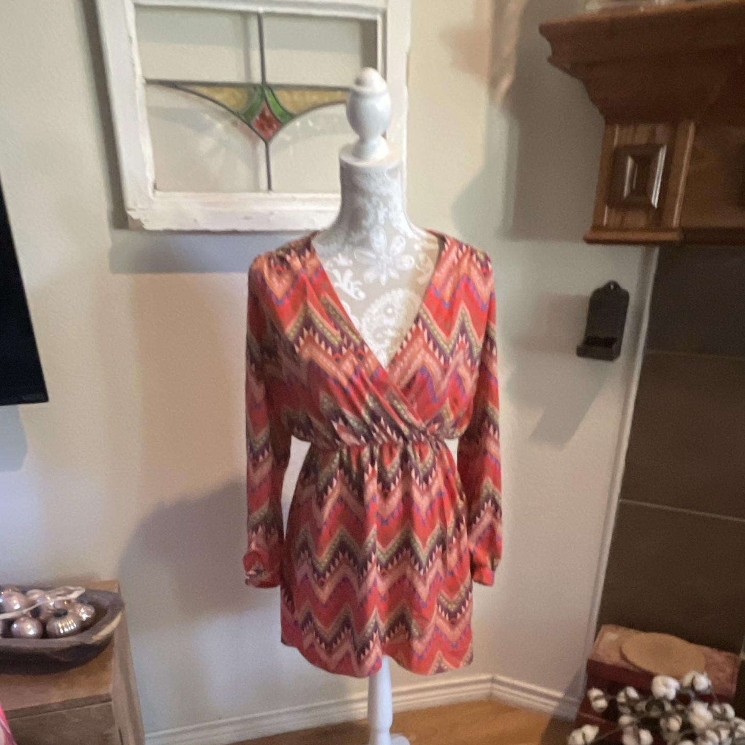 The Impeccable Pig Chevron Multicolor V-Neck Long Sleeve Dress L Elastic