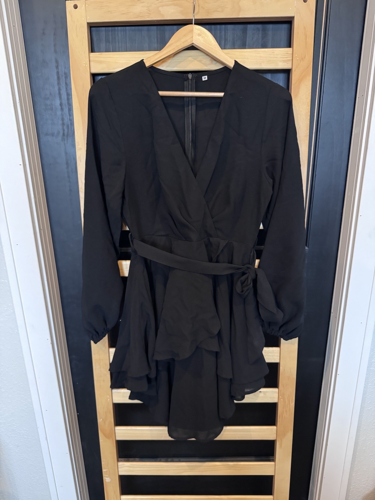 Women’s Black Wrap Romper M Long Sleeve Ruffle Skort Tie Waist Cocktail Party