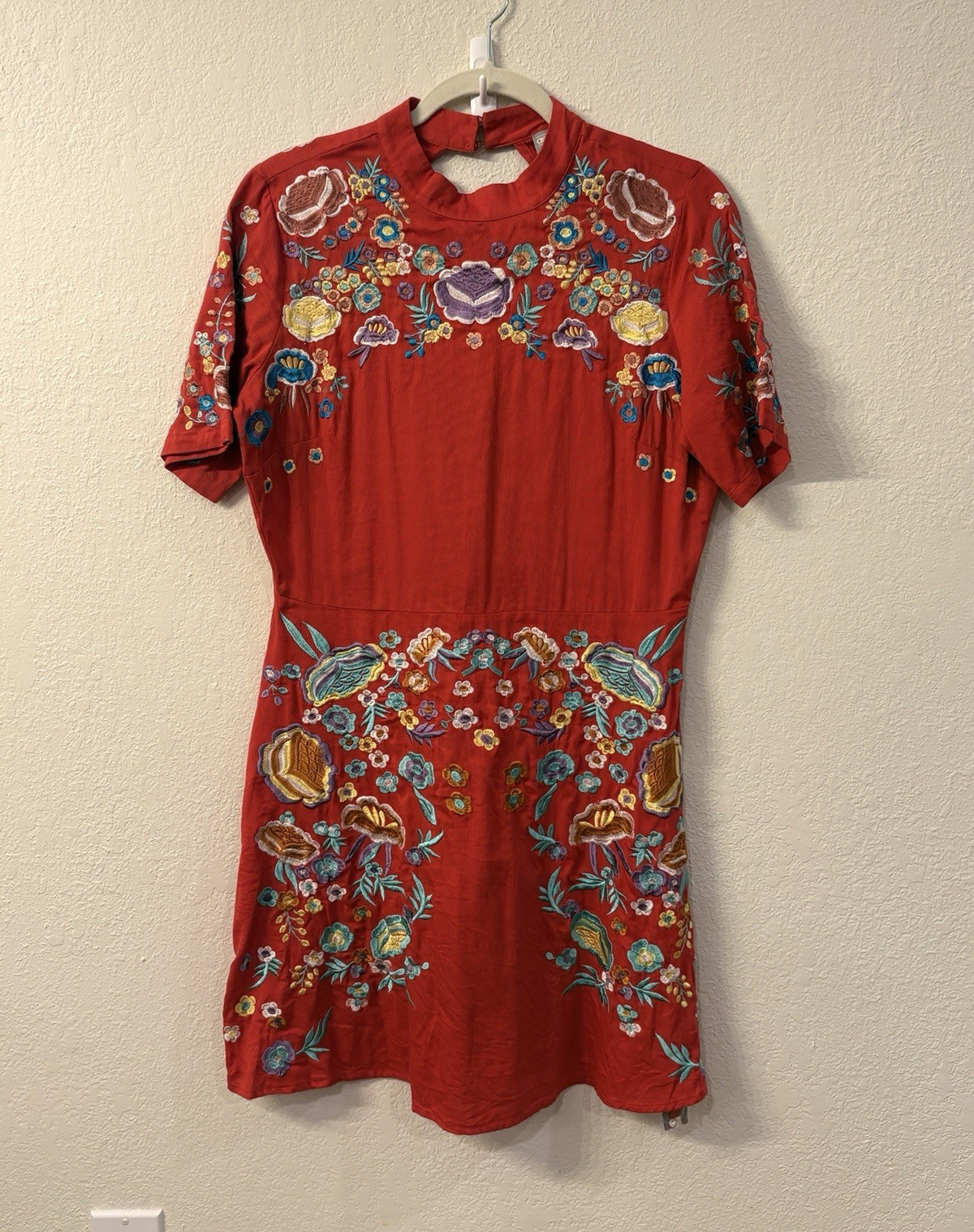 ASOS Red Floral Embroidered High Neck Short Sleeve Shift Mini Dress US 10