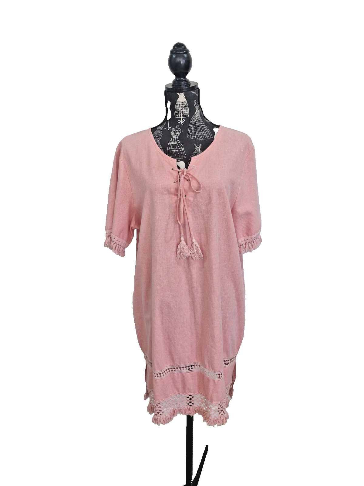Empress & Vine Linen Shirt Dress Womens L Pink Lace Up Tassel Boho Tunic