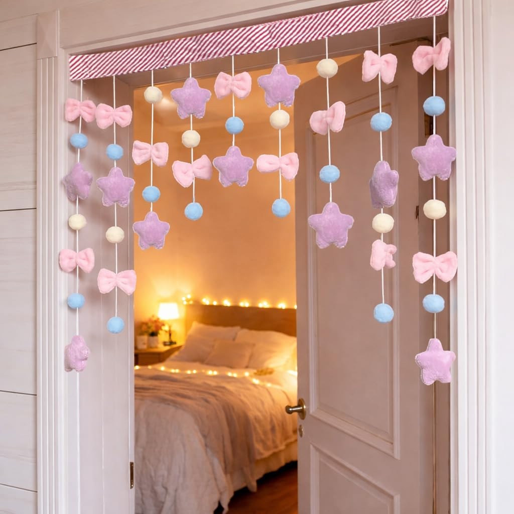 Kawaii Plush Door Curtain, 33" W x 28" L Self-Adhesive Arc Design, Detachable...
