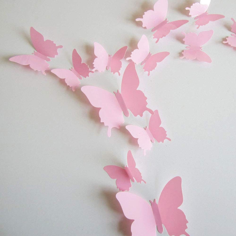24pcs Kawaii 3D Butterfly Removable Mural Stickers Wall 24 Piece Set, Pink 