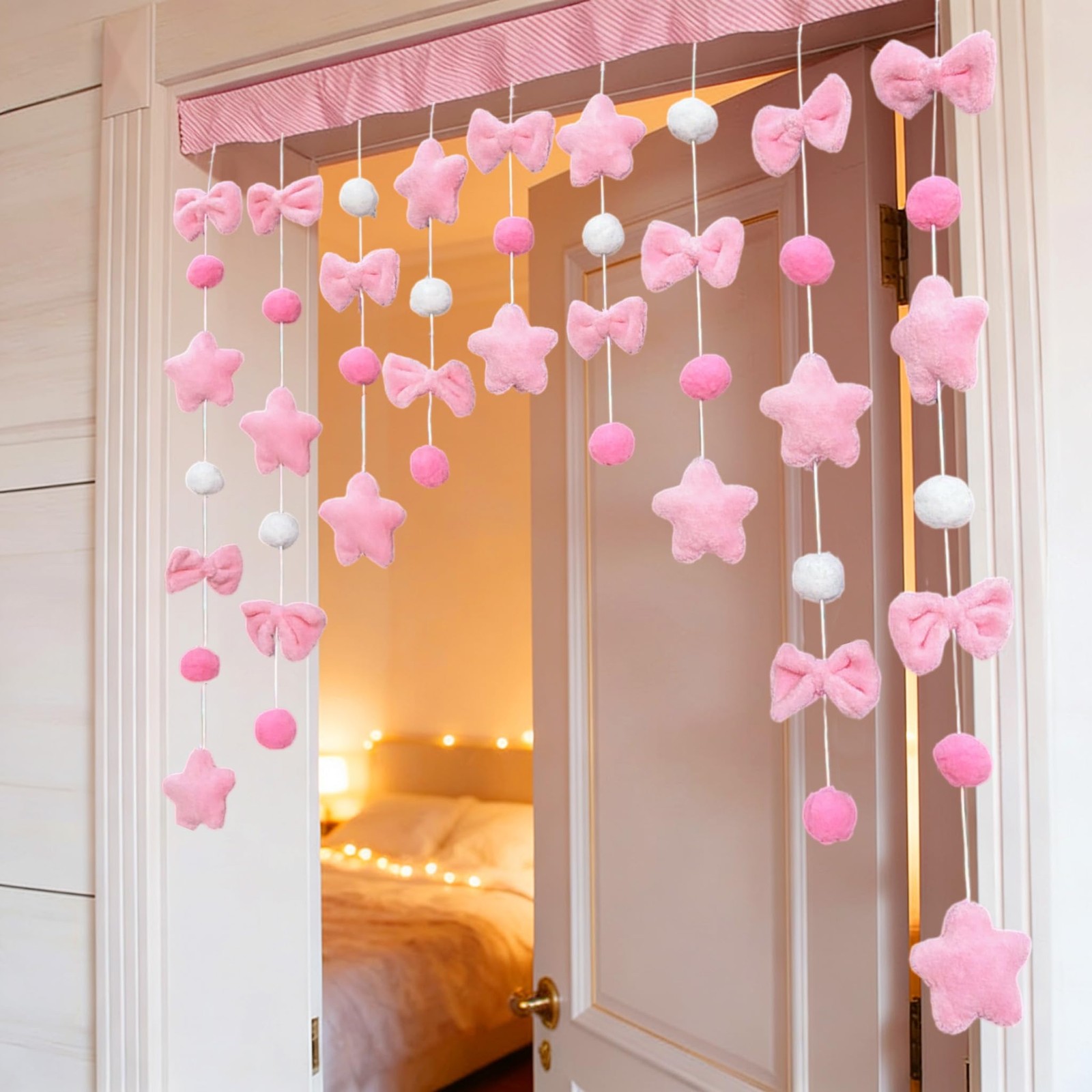 Kawaii Plush Door Curtain, 33" W x 28" L -Adhesive Arc Design, Detachable Hoo...