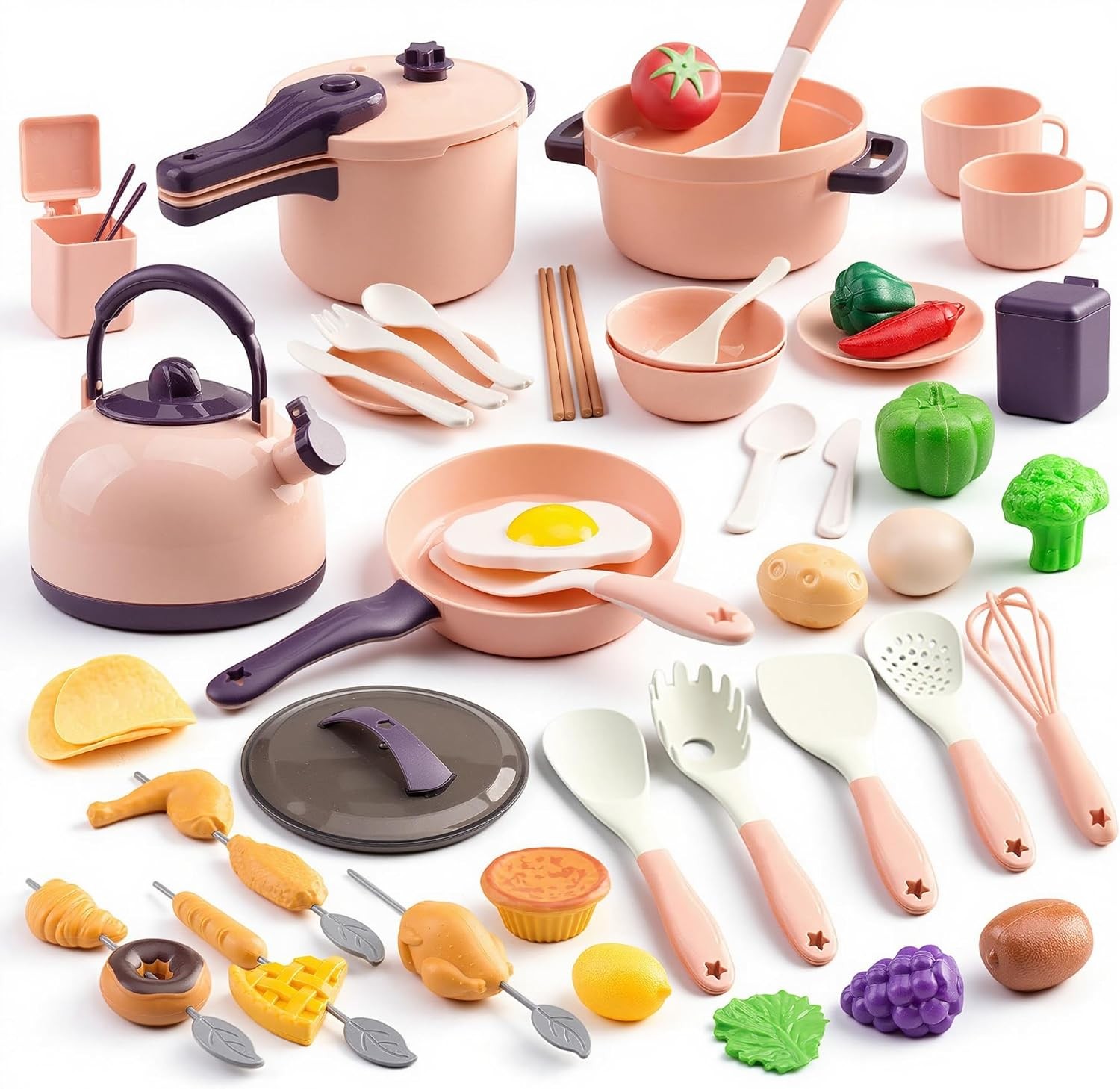 Kids Mini Play Kitchen Accessories 60PCS Pretend Cooking Set Pink