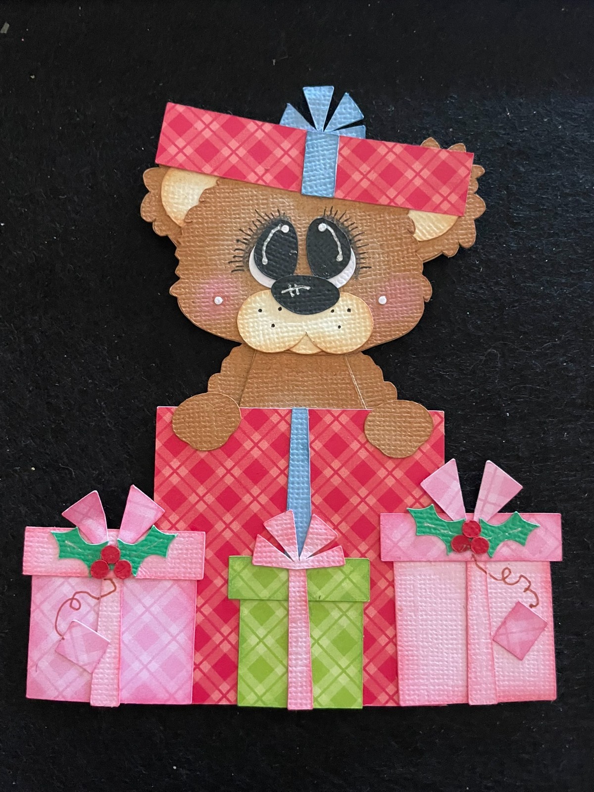 CHRISTMAS Present Bear Red premade paper piecing scrapbook diecut 3D