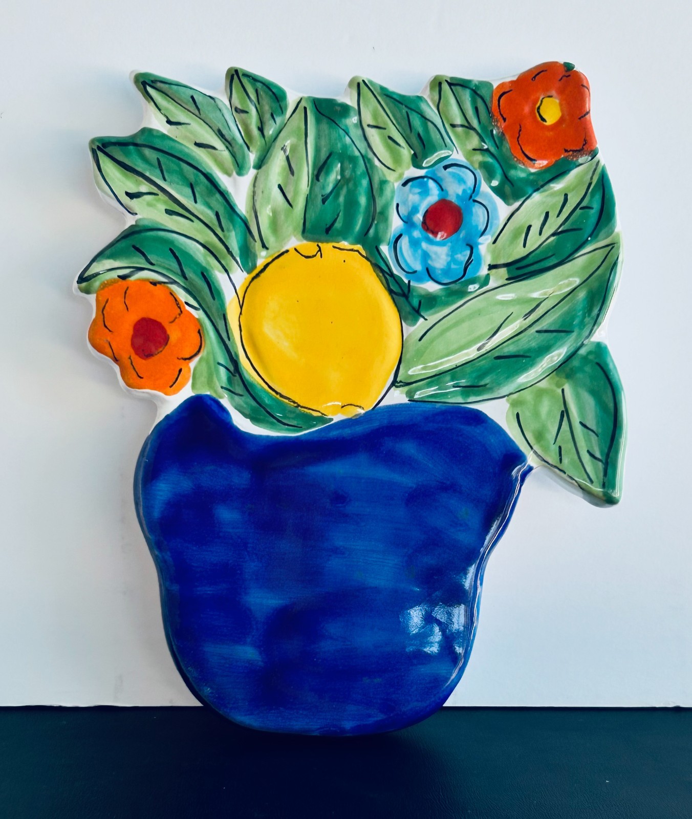 Hand Painted Italian Trivet Wall Art Pot of Flowers Ceramic La Musa 8"x6.6" C189